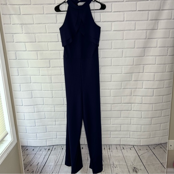 Bebe Ruffle Halter Neck Jumpsuit size 14 in Navy Blue - Picture 2 of 9